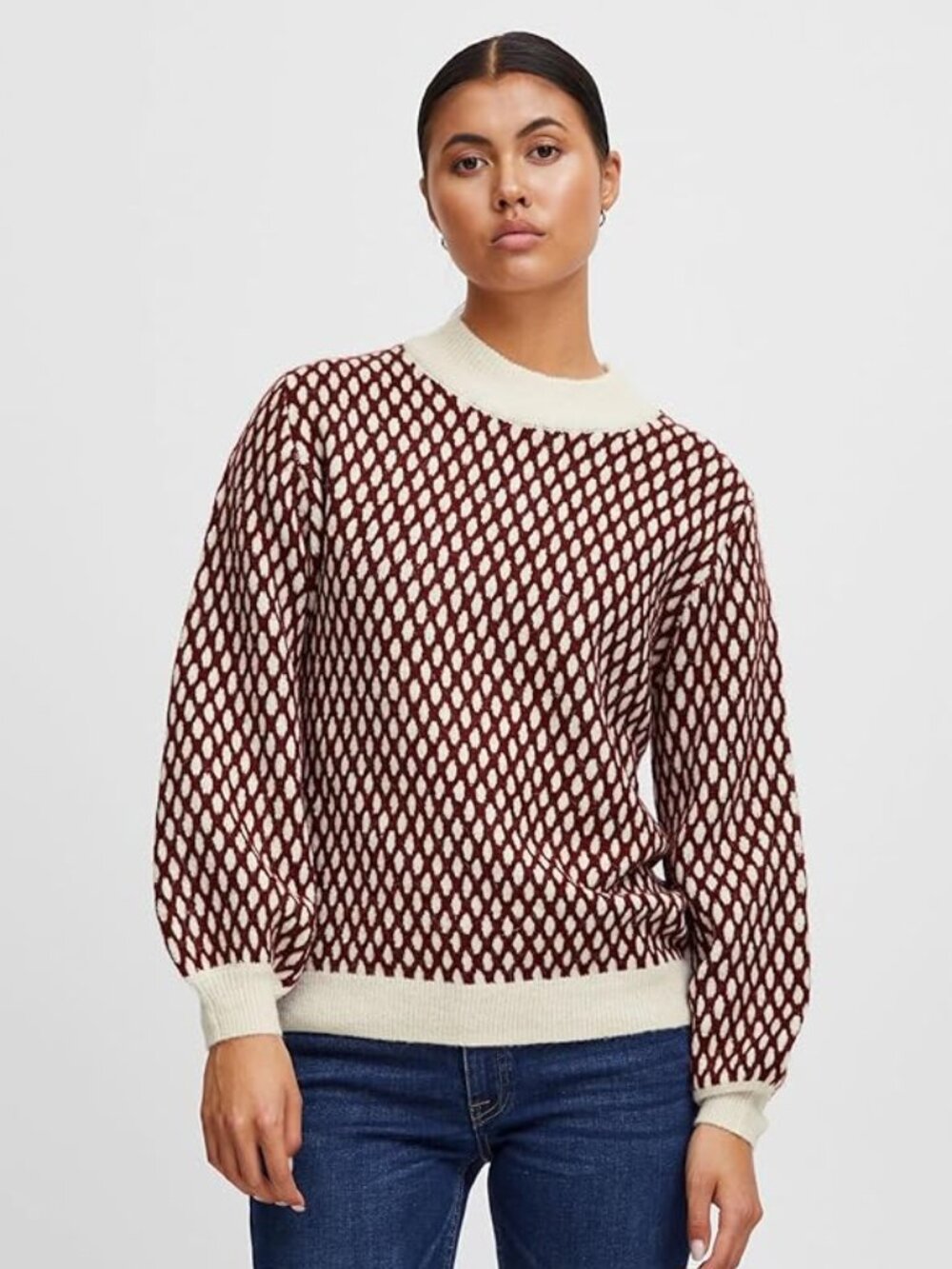 Women's Knit Sweater - Size Small - Red Cream Geometric Pattern | Balloon Sleeve